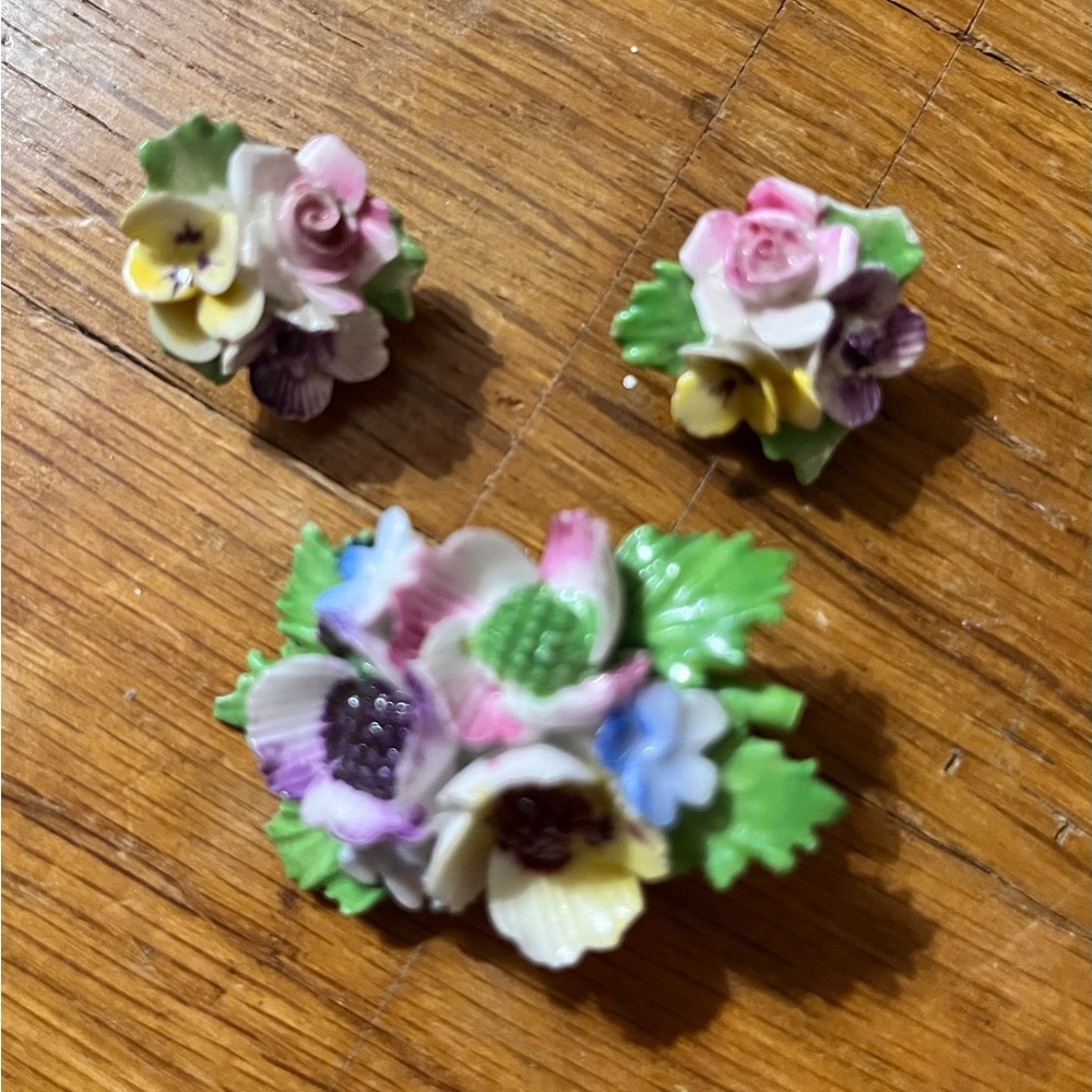 Vintage Adderley England Floral Brooch and Clip-On Earrings Set - Bone China